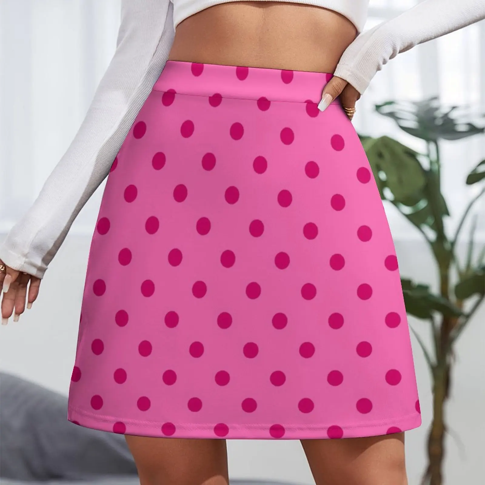 Medium Dark Hot Pink Polka Dots on Light Hot Pink Mini Skirt mini skirts women's skirt 2025 trend Womens dresses Mini Skirt