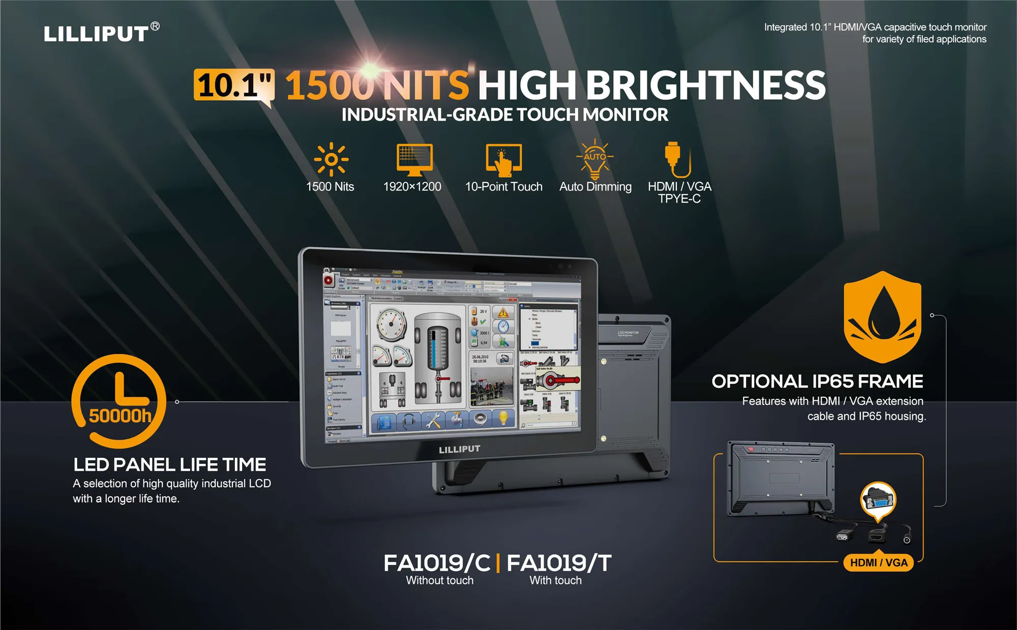 Lilliput IP65 Frame FA1019 Alto brilho 10 polegadas 1500nits Tela de toque industrial capacitiva VGA Monitor