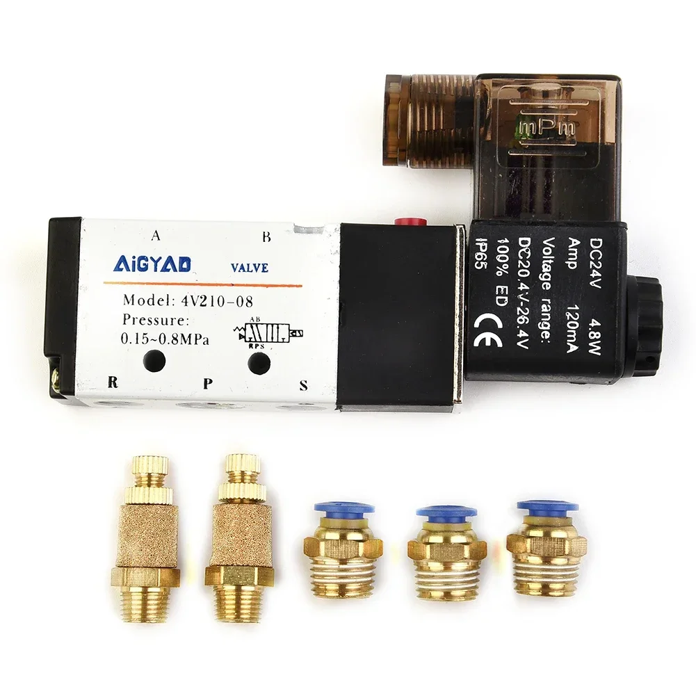 4V210-08 DC 24V Solenoid Pneumatic Valve 5 Port 2 Position & Flow-Speed Control Connector Muffler&Male Connectors