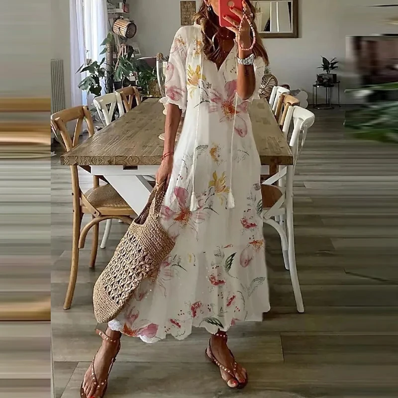 

Женское длинное платье с принтом, элегантное плиссированное платье трапециевидной формы с V-образным вырезом и рукавом до локтя, повседневное свободное пляжное платье для отпуска на лето