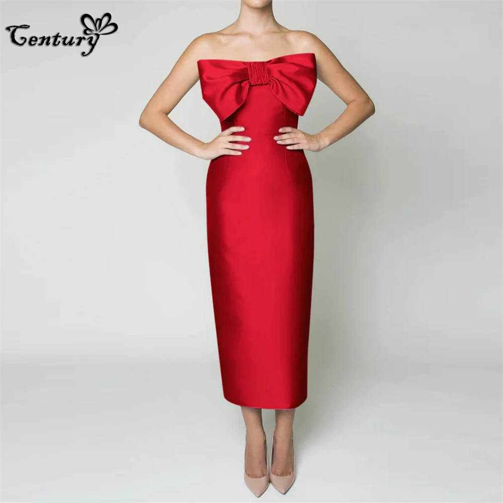 

Red Prom Dress Long Strapless Tea-Length Big Bow Satin Evening Party Gowns Formal Occasion Dresses Robe De Soiree