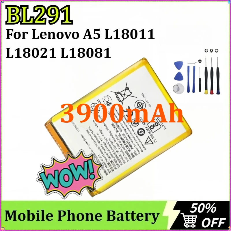 

For Lenovo A5 L18021 L18011 L18081 BL291 Portable Battery Replacement Mobile Phone Batteries 3900mAh 3.85V+ Tools