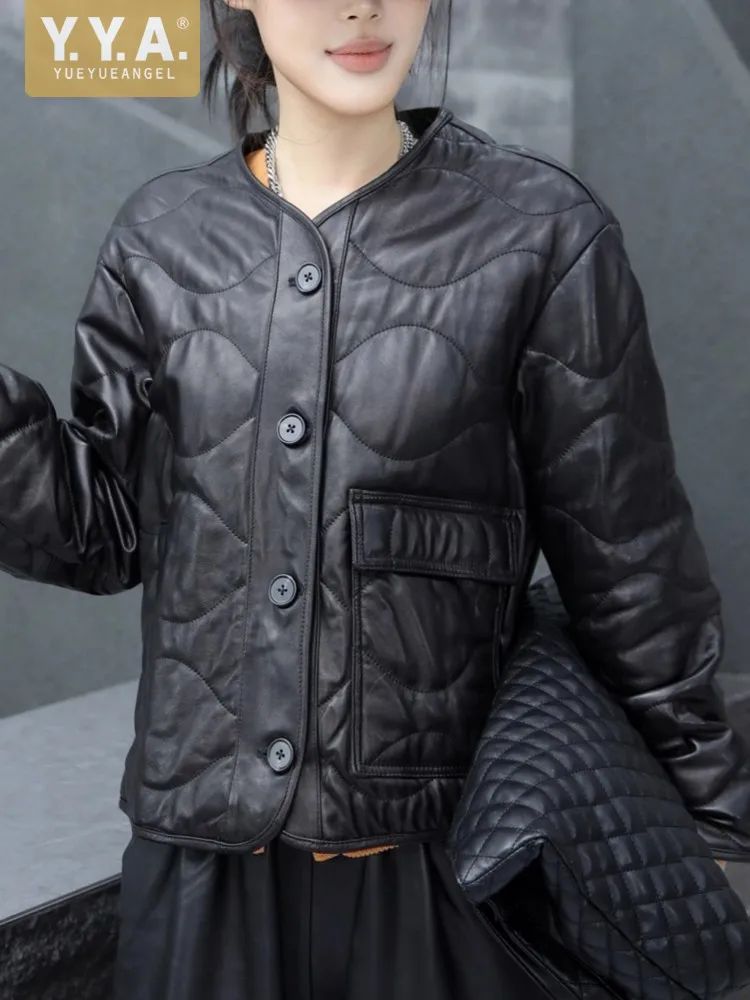 冬のファッションレディースシングルブレストルーズOネックシープスキン本革ジャケットダウンコート保温長袖ショートスタイル