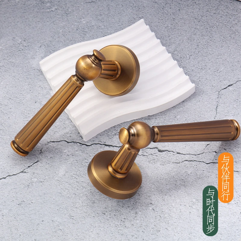 French Vintage Brass Mute Magnetic Split Door Lock, Universal Interior Bedroom Hardware Kit with Handle, Hinges and Door Stopper