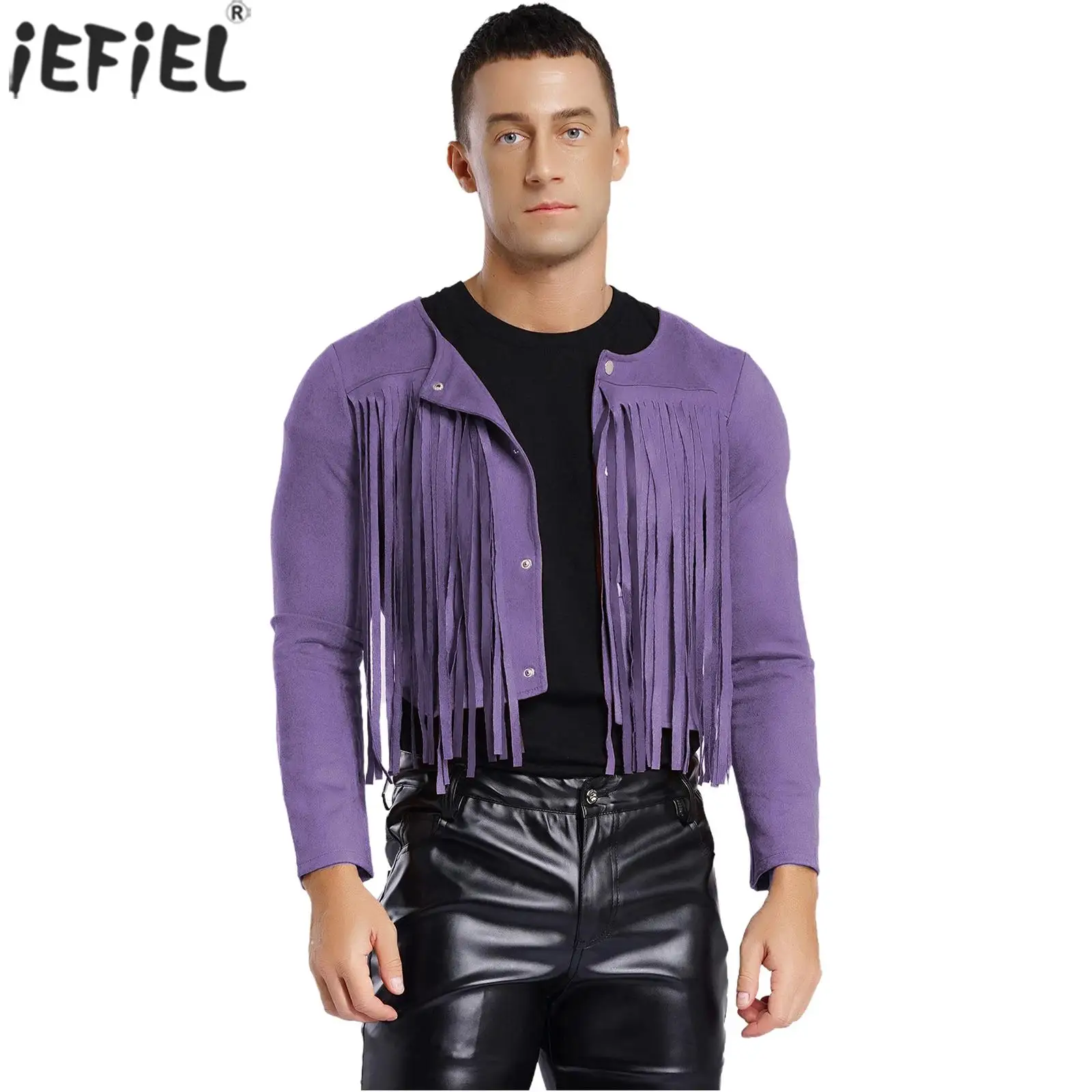 

Halloween Men's Purple Suede Western Cowboy Cosplay Crop Jackets Long Sleeve Fashion Fringe Cardigan Hippie Folkloric Waistcoat