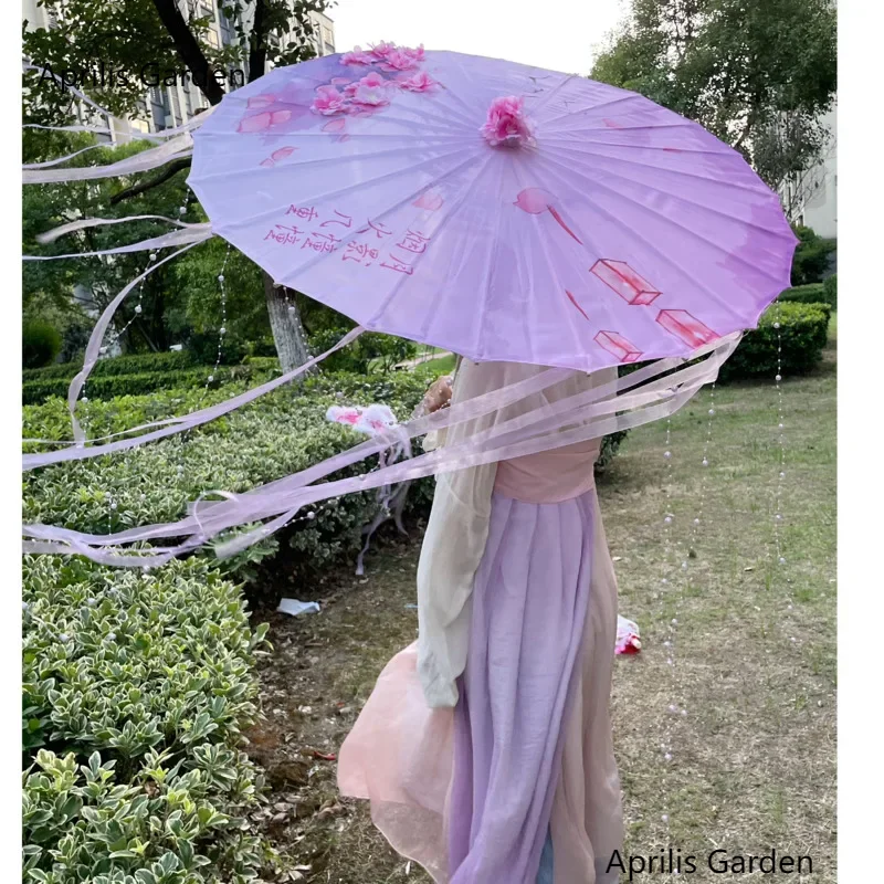 82cm Hanfu Oiled Paper Umbrella Rain Women Photography Prop Rain proof Ribbon Antique Tassels Umbrella Fan Paraguas Parasol