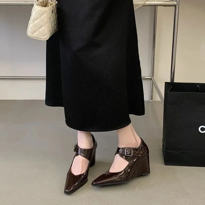 

Wedge Small Square Toe High Heels Women 2026 Spring and Autumn New Fashion Black Patent Leather Single Shoes