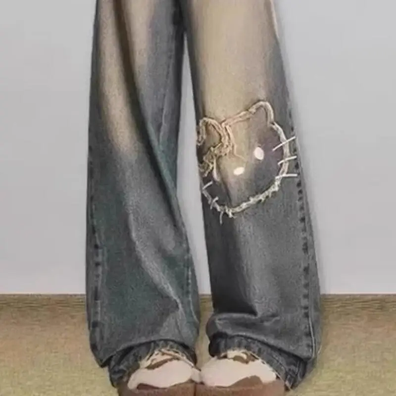 

New Women Comfort Western Korean Versionhello Kittycartoon Style Floor Pants Sanrio High Waisted Long Loose Denim Wide Leg Pants
