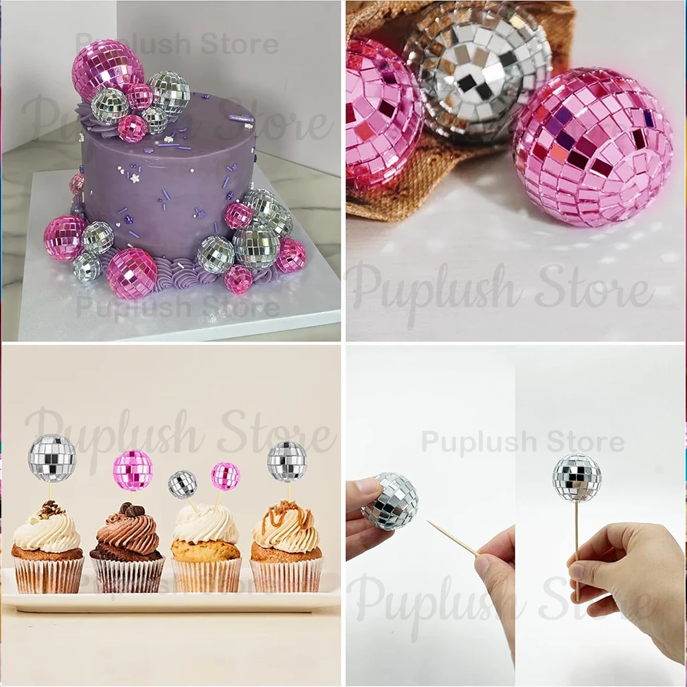 34-teiliges Disco-Kugel-Cupcake-Topper-Set, Spiegel-Silber, Gold, Pink, 70er Retro Kuchendekoration für Disco-Themen-Geburtstagsfeiern – Detail 18