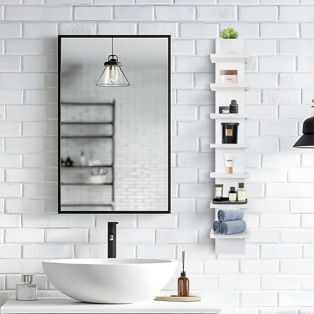 Étagère murale verticale étroite blanche à 7 niveaux pour décor et rangement, affichage peu encombrant pour petits espaces