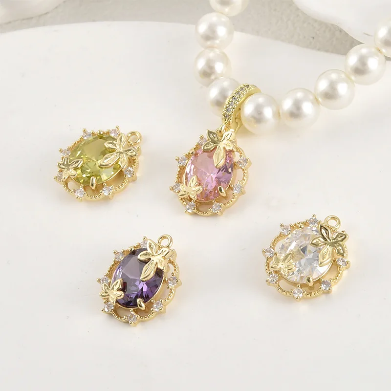14k Real Gold Color Retention Sparkling Zircon Leaf Oval Pendant DIY Handmade Bracelet Necklace Earrings Accessories