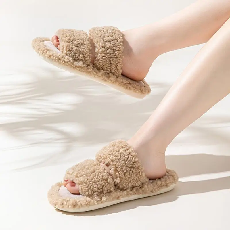 Fuzzy open teen pantoffels Warme, gezellige voering pantoffels Antislip damespantoffels Comfortabele winterhuisschoenen voor dames en meisjes