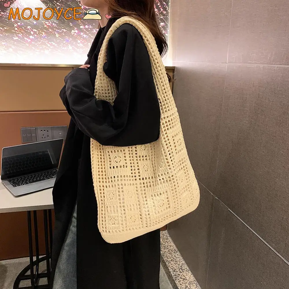 

Women Knitted Shoulder Bag Fashion Crochet Tote Bag Large Capacity Beach Weave Handbags Casual Hollow Out Woven Girls Hobo Bags