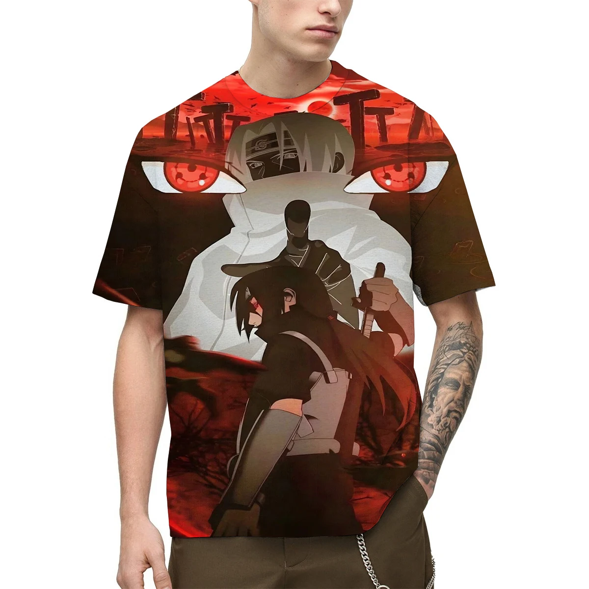 Camiseta con estampado 3D de Naruto Anime para hombre, camiseta gráfica con personajes de Sasuke Uchiha y Itachi Uchiha, diseño de elementos de espada y ojos Sharingan