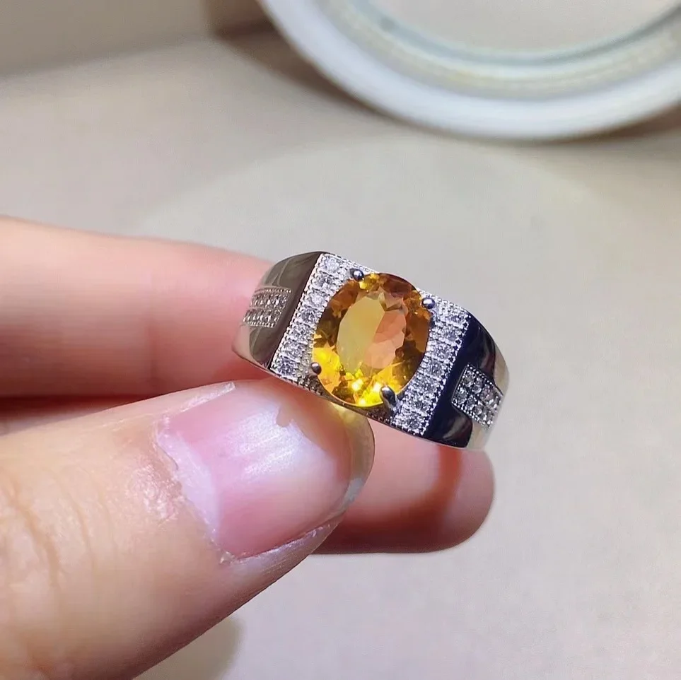 

Luxury Silver Man Ring with Gemstone 8mm*10mm VVS Grade Natural Citrine Ring for Man 925 Silver Crystal Man Jewelry