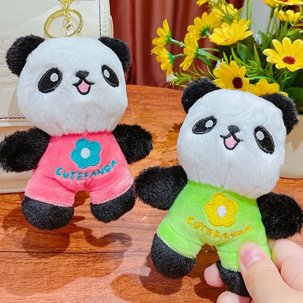 Soft Flowers Panda Keychain Cartoon Cute SchoolBag Doll Pendant Plush Three-dimensional Car Key Chain Charm Birthday Gift