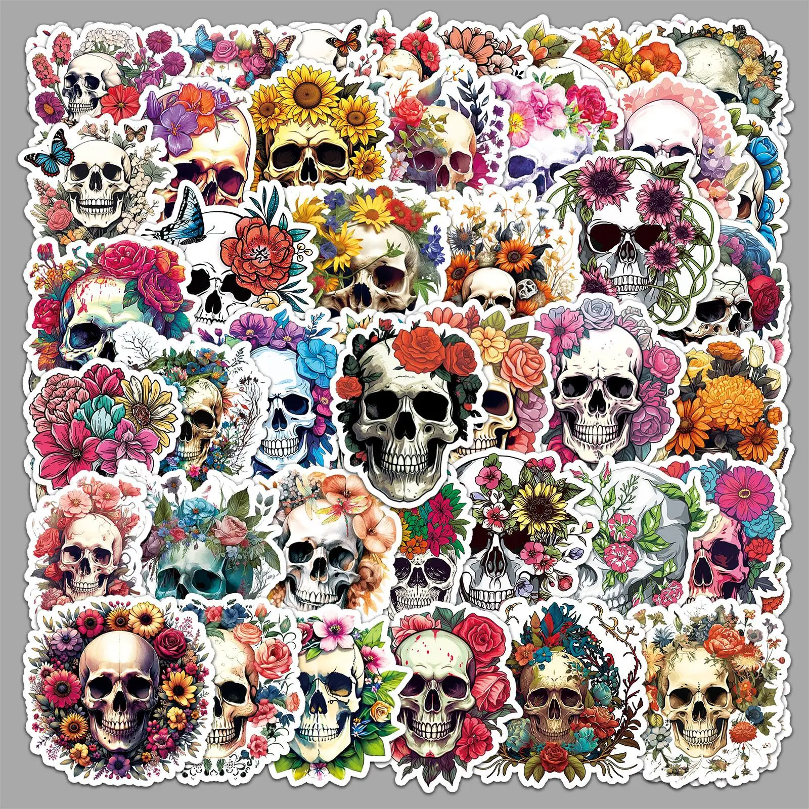 

50PCS Cool Pop Horror Skull Flower Stickers Aesthetic Decals DIY Stationery Luggage Laptop Helmet Motorcycle Graffiti Sticker