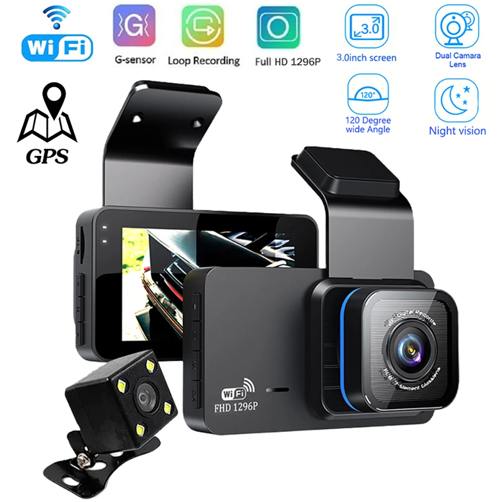 

Автомобильный видеорегистратор, Wi-Fi, GPS, Full HD, 1296P