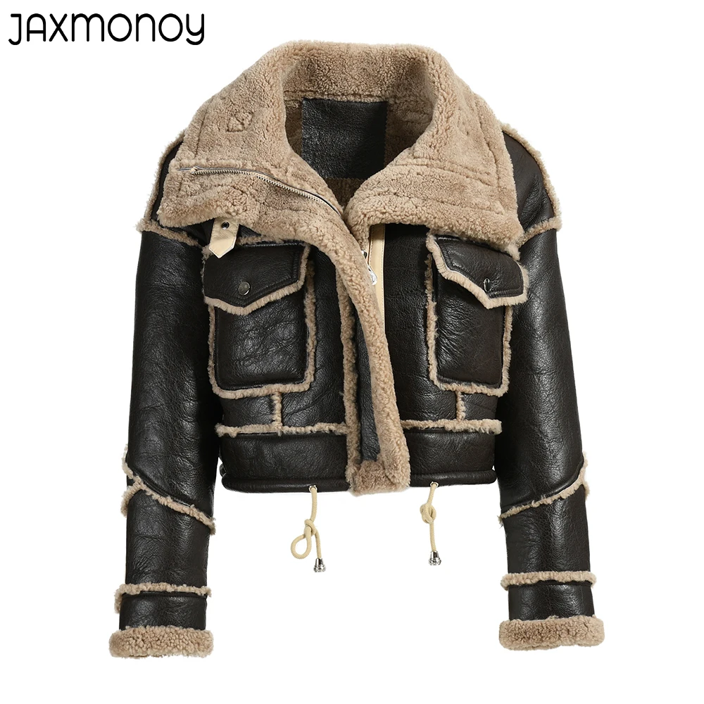 Jxwatcher Women Real Lamb Fur Jackets Winter Double Face Coats Lady Crop Jacket Thick Warm Genuine Leather 2022 New Arrivals