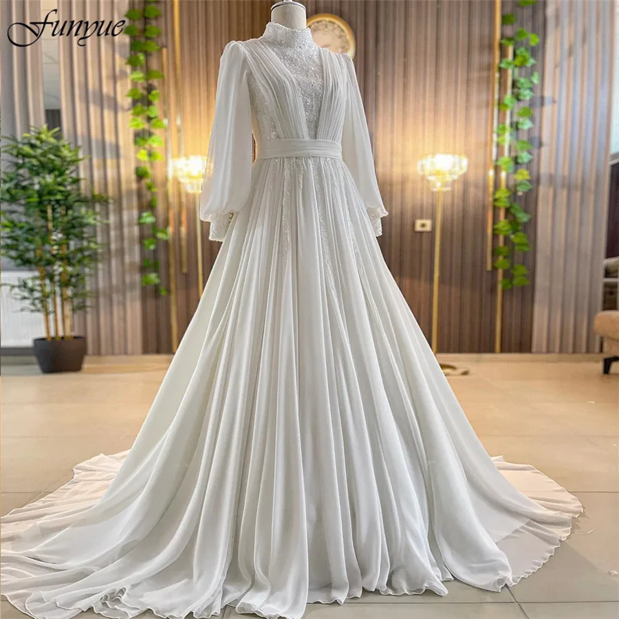 

Funyue Modest Long Sleeve Muslim Wedding Gowns 2024 High Neck Beaded Chiffon A Line Arabic Women Bridal Dress Hochzeitskleider