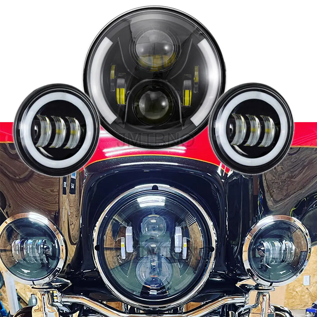 

7-дюймовая светодиодная фара для мотоцикла с белыми ДХО, ангельскими глазками и янтарными указателями поворота, передняя фара для Harley Road King Street Glide