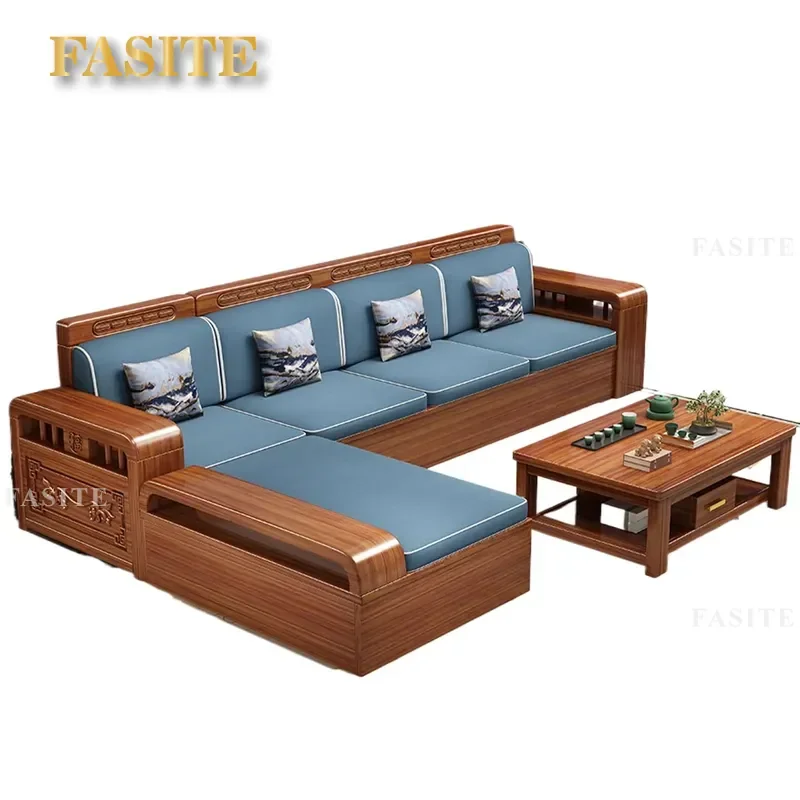 For New Chinese Style Living Room Walnut Solid Wood Sofa Combination Retro Storage Couch Dual-Use for Winter and Summer