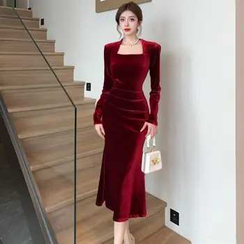 Socialite's Golden Velvet Fish Tail Long Dress Women's Red High-end Temperament Waist Cinching Dress Light Luxury Hip Hugging