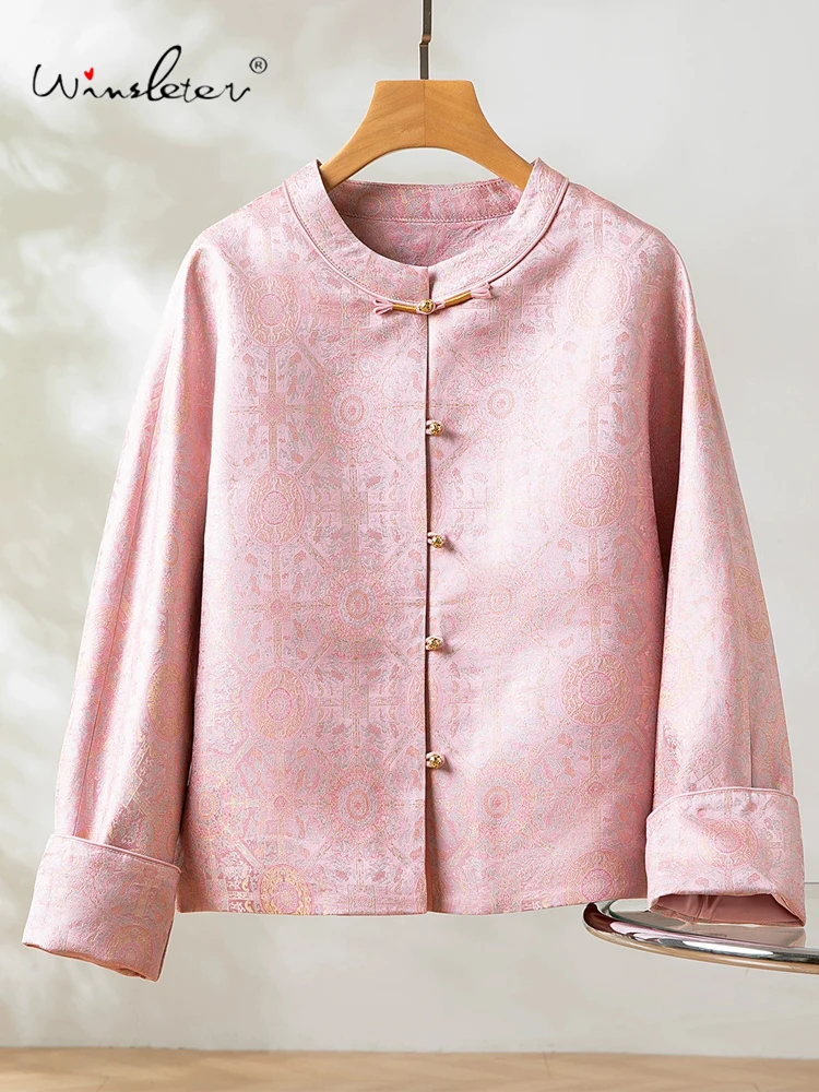 

Winsleter-100%Real Silk Song Brocade Elegant Coat, O Neck Geometry, Women Temperament Loose Pink Coat, 2025 Winter New C5D469CC