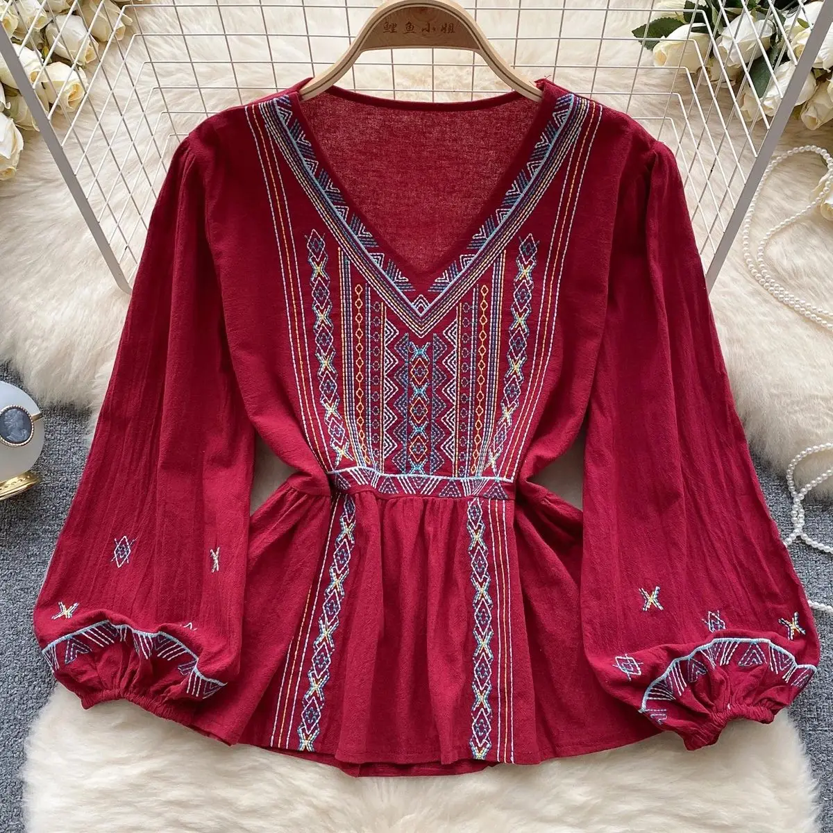 Autumn Women Vintage Ethnic Style Puff Sleeve Embroidery Shirt Ladies V-neck Design Niche Chic Light Luxury Elegant Top