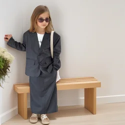 Girls Grey Suit Spring 2026 Casual Loose Blazer Skirt Two Pieces School Uniform for Kids Wedding Party Formal Costumes 2-13 Year