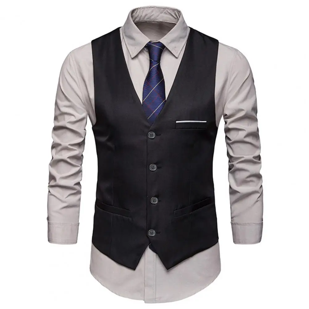 Vest Men Formal Business Waistcoat Sleeveless Slim Fit Single-breasted V Neck Silky Anti-wrinkle Pockets Groom Wedding Coat