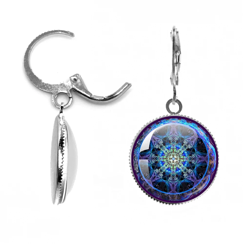 Trendy OM Yoga Chakra Mandala Glass Dome Earrings Sacred Geometric Purple Flower Pattern Glass Dome Drop Earring