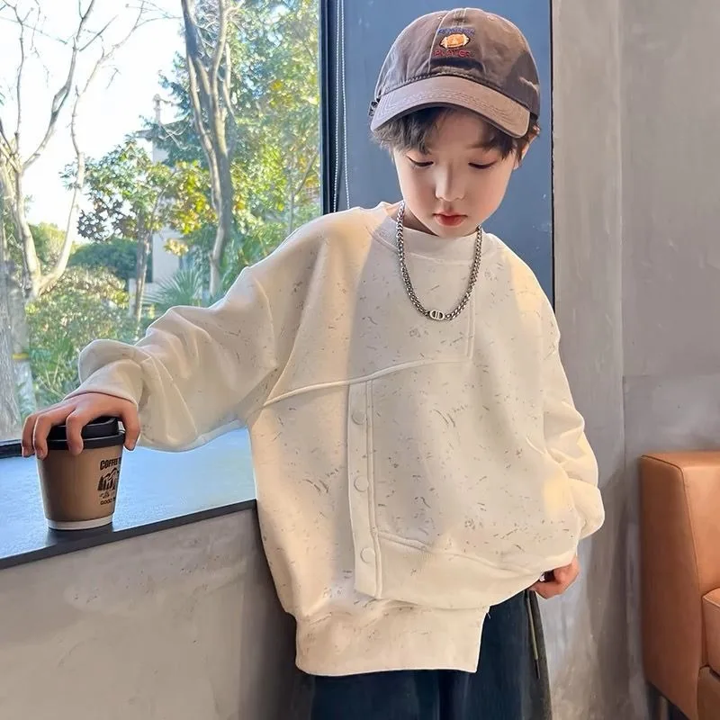 

Boys' Medium-Large 2025 New Spring/Autumn Fleece-Lined Pullover Sporty Stylish Layering Top Sweatshirt