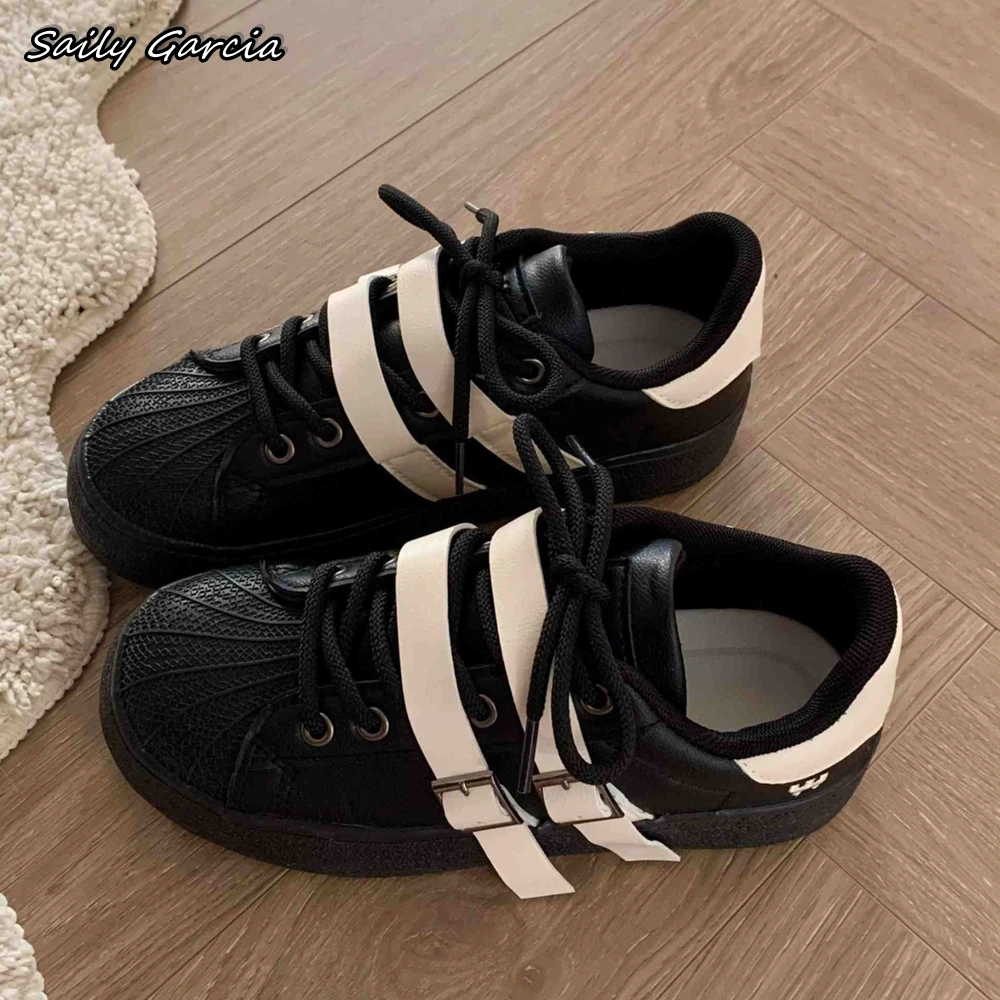 

Mixed Color Belt Buckle Strap Hook&Loop Vulcanized Shoes 2024 Summer NEW Fashion Lace Up Sport Shoes Shell Head Round Toe Shoes