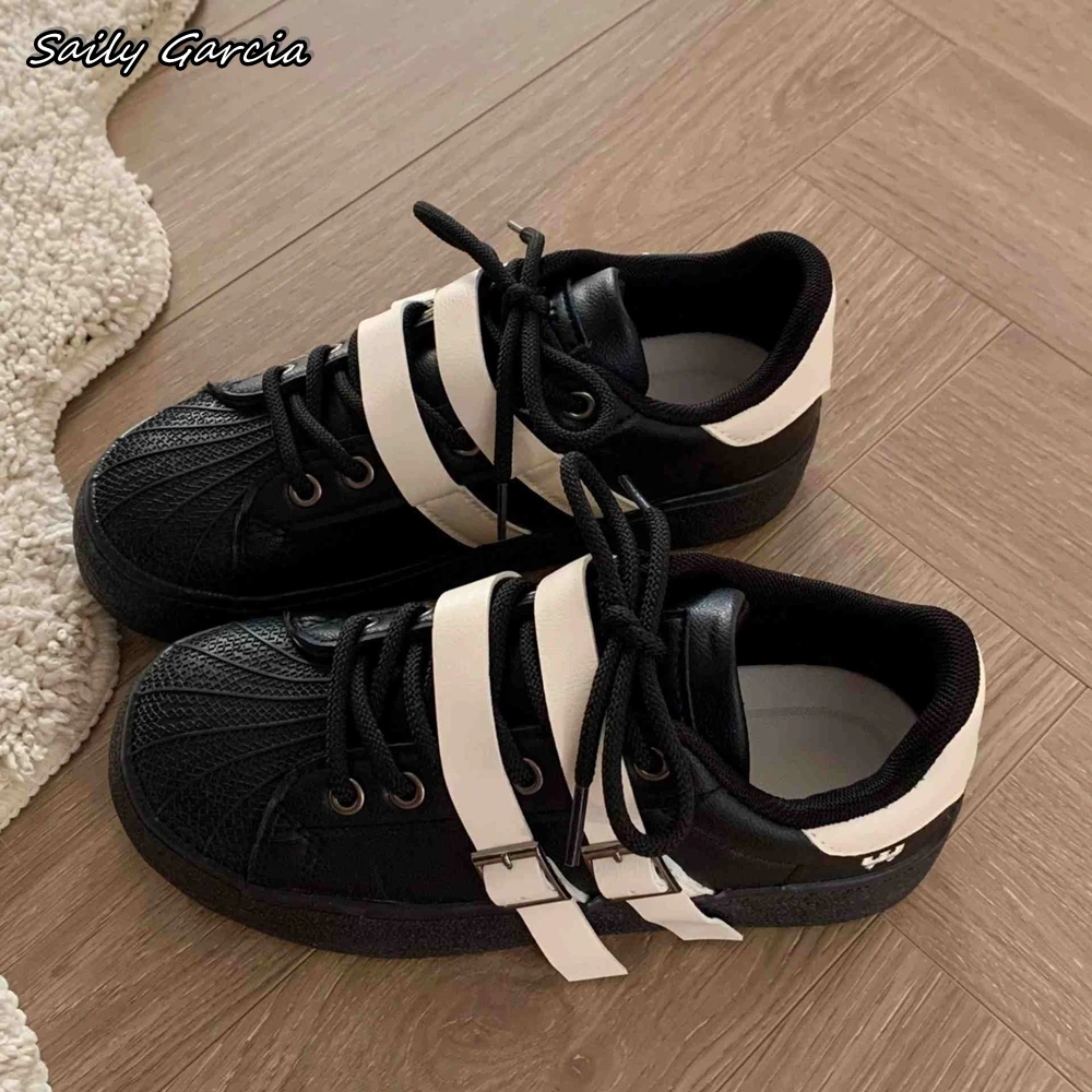 Mixed Color Belt Buckle Strap Hook&Loop Vulcanized Shoes 2024 Summer NEW Fashion Lace Up Sport Shoes Shell Head Round Toe Shoes