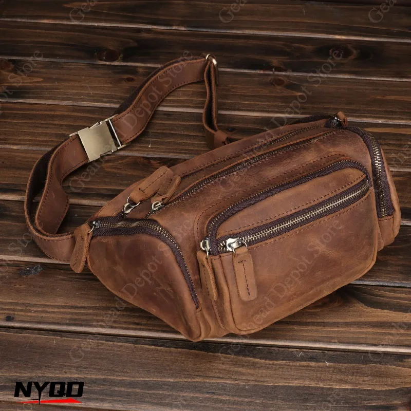 Genuine Crazy Horse Leather Men Chest Bag Vintage Full Grain Leather Crossbody Waist Pack Multi-function Motorcycle Phone Bag