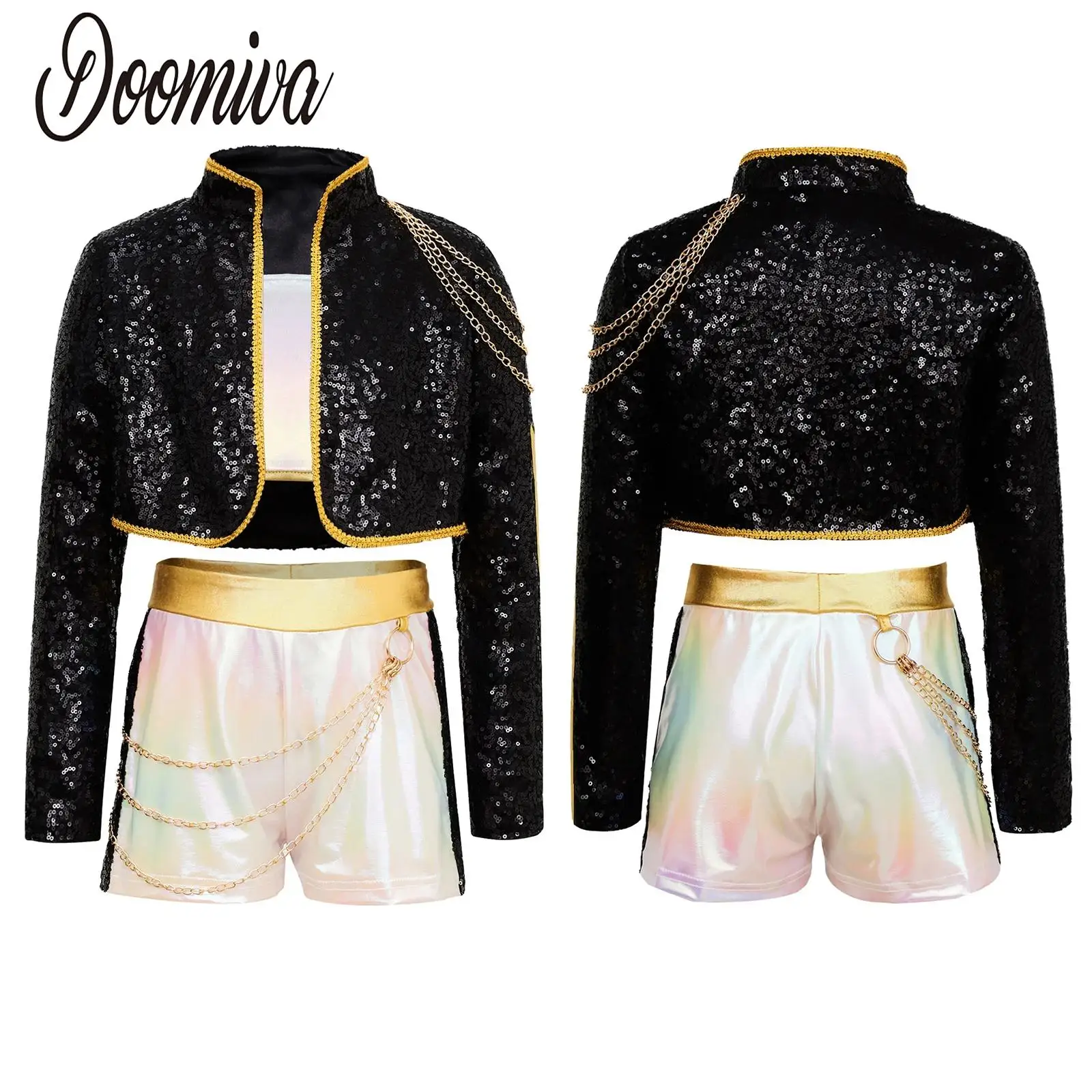 

Girls Demon Cosplay Party Singer Outfits Dancewear Shiny Halloween Costume Long Sleeve Sequins Coat Vest And Shorts Sets