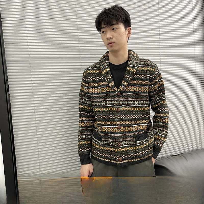 

Faionable Urban Knitted Woolen Cardigan Coat for Men with een Collar Two Options Available Island Sle Autumn Winter