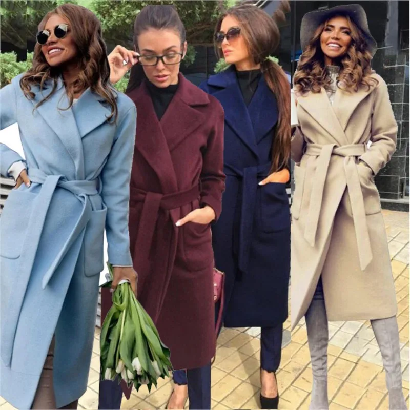 

Elegant Solid Trench Coat For Women Polo Collar Woolen Long Windbreaker Lace Up Belted Overcoat Autumn Long Jacket