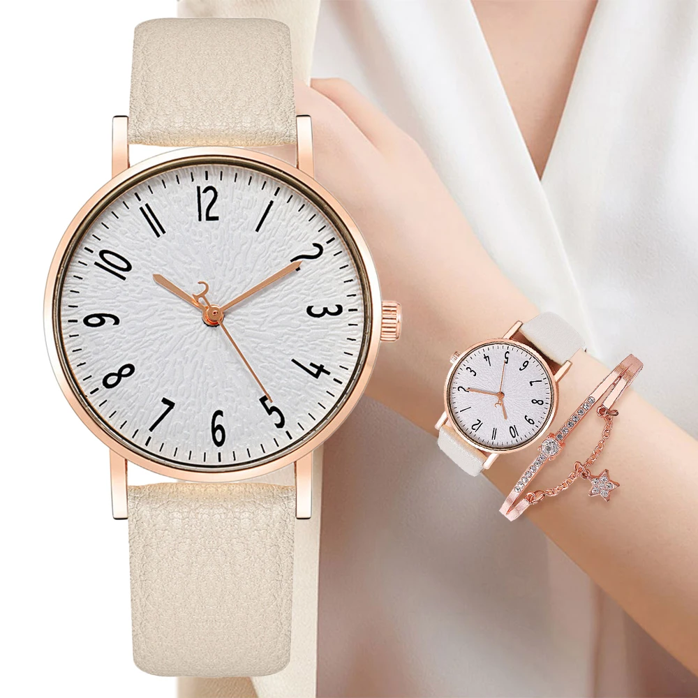 2 Piece Set Simple Ladies Branded Watches Fashion Beige Numbers Women Quartz Watch Luxury Leather Dress Female Clock Wristwatche