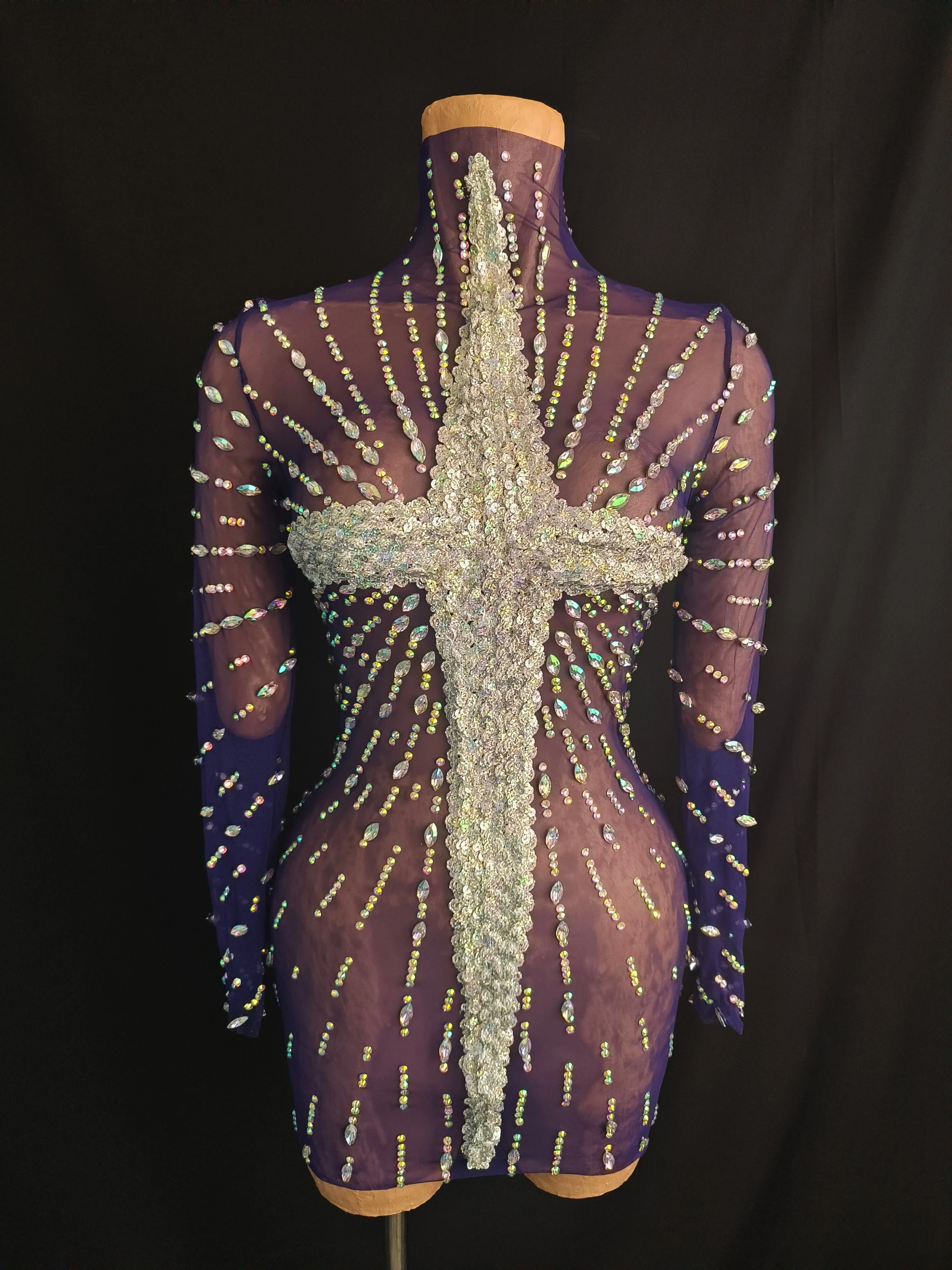 Abito corto attillato con strass glamour da donna, manica lunga, festa da sera, abito da ballo, costume da spettacolo per discoteca