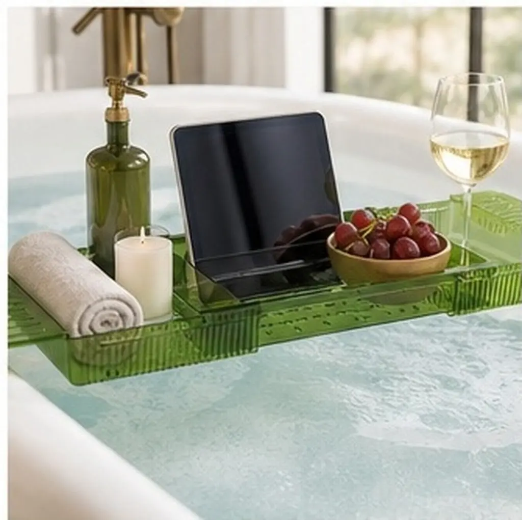 Bath Tray For Bathtub Adjustable Expandable Bath Caddy With Phone Holder Non-Slip Surface Pet Material Wine Snack Storage