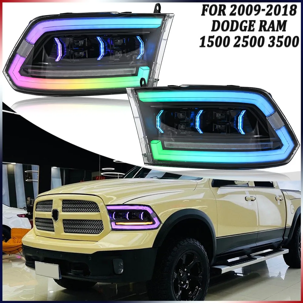 

1 пара светодиодных фар RGB в сборе для 2009-2018 Dodge RAM 1500 2500 3500, комплекты передних фар, аксессуары для фар DRL