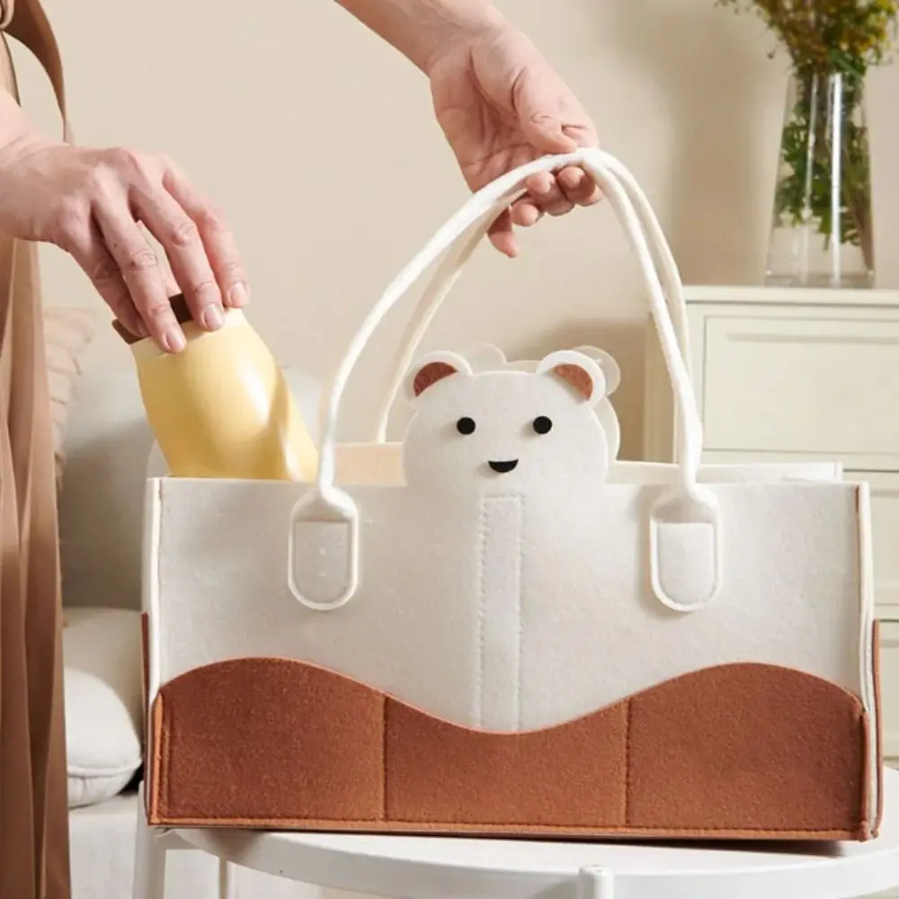 

Felt Material Diaper Organizer Foldable Design Non-Woven Fabric Nursery Storage Bin Cartoon Print Portable Bag