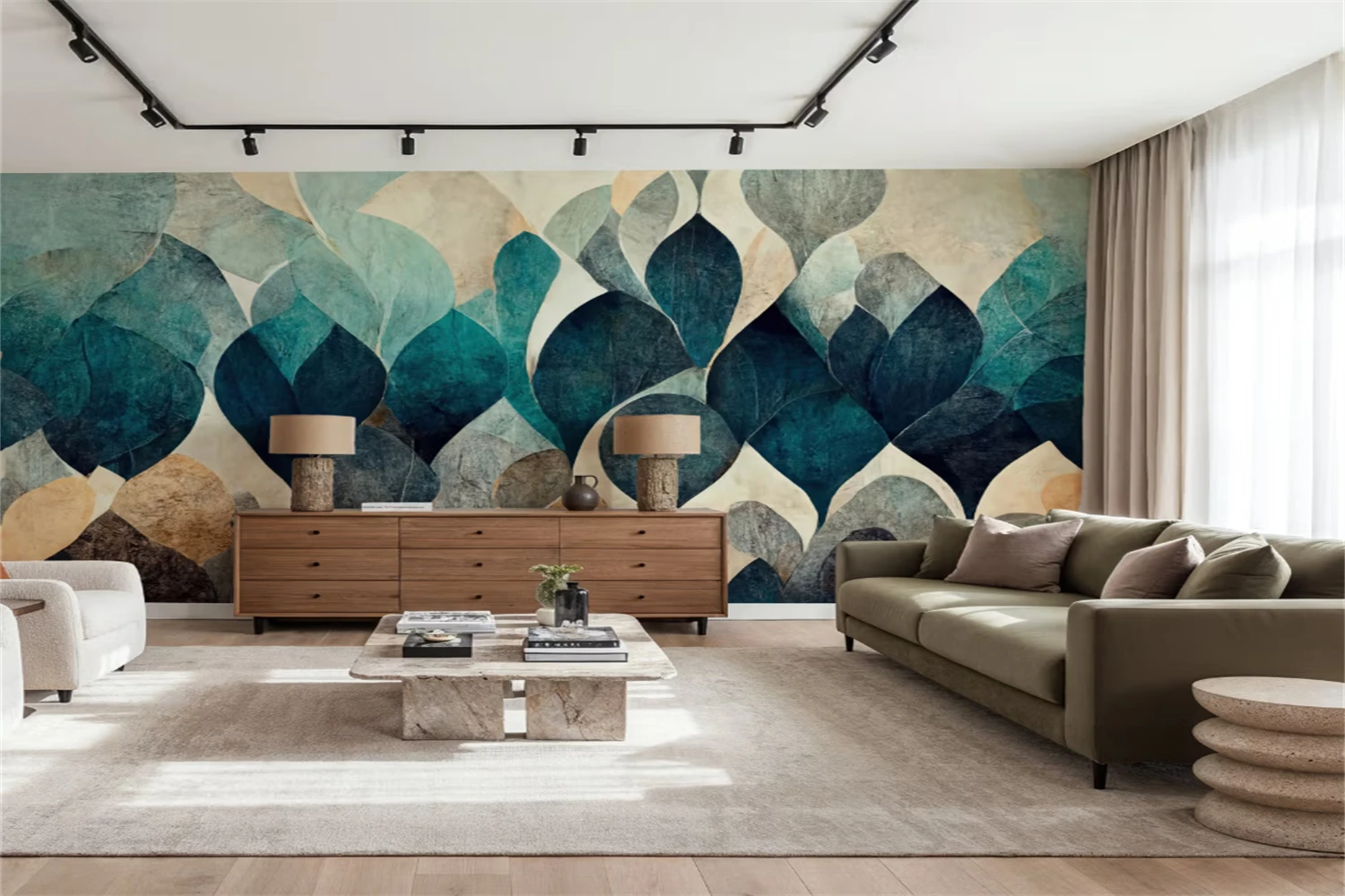 Customized mural blue and beige leaf shaped abstract murals are perfect for bedrooms, living rooms, and home offices wallpaper