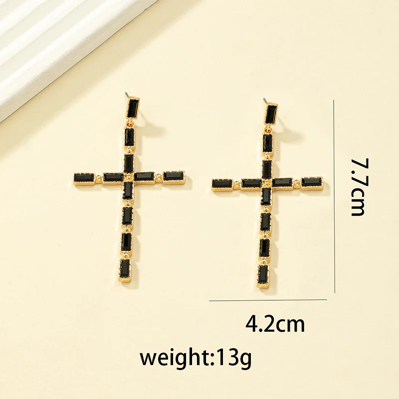 2024 Classic Jewelry Accessories Wholesale Long Green Black Baguette Gem Crystal Rhinestone Cross Earrings for Women