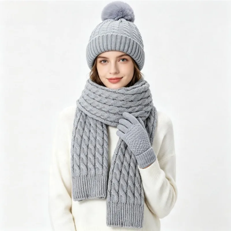 Women Men Winter 3 in 1 Knit Accessory Set Thick Fleece Lined Beanie Hat Scarf Gloves Warm Outdoor Suit