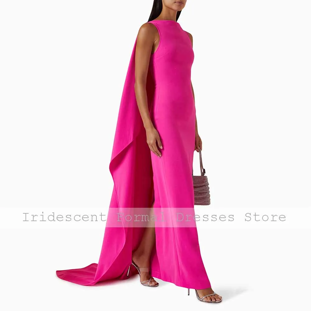 Vestidos formales de color rosa intenso para mujer 2025, sin mangas, cuello redondo, columna, vestidos de invitados de boda, vestido de noche elegante con tren Maxi Watteau
