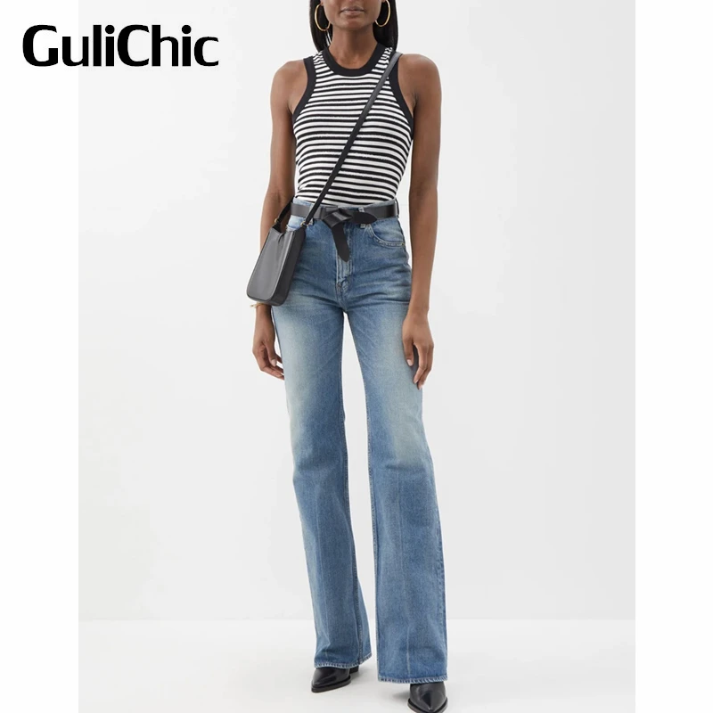 6.2 Gulichic Women Fashion Office Lady Gewassen Distressed Denim Katoenen Rechte Wijd Uitlopende Jeans Zonder Riem