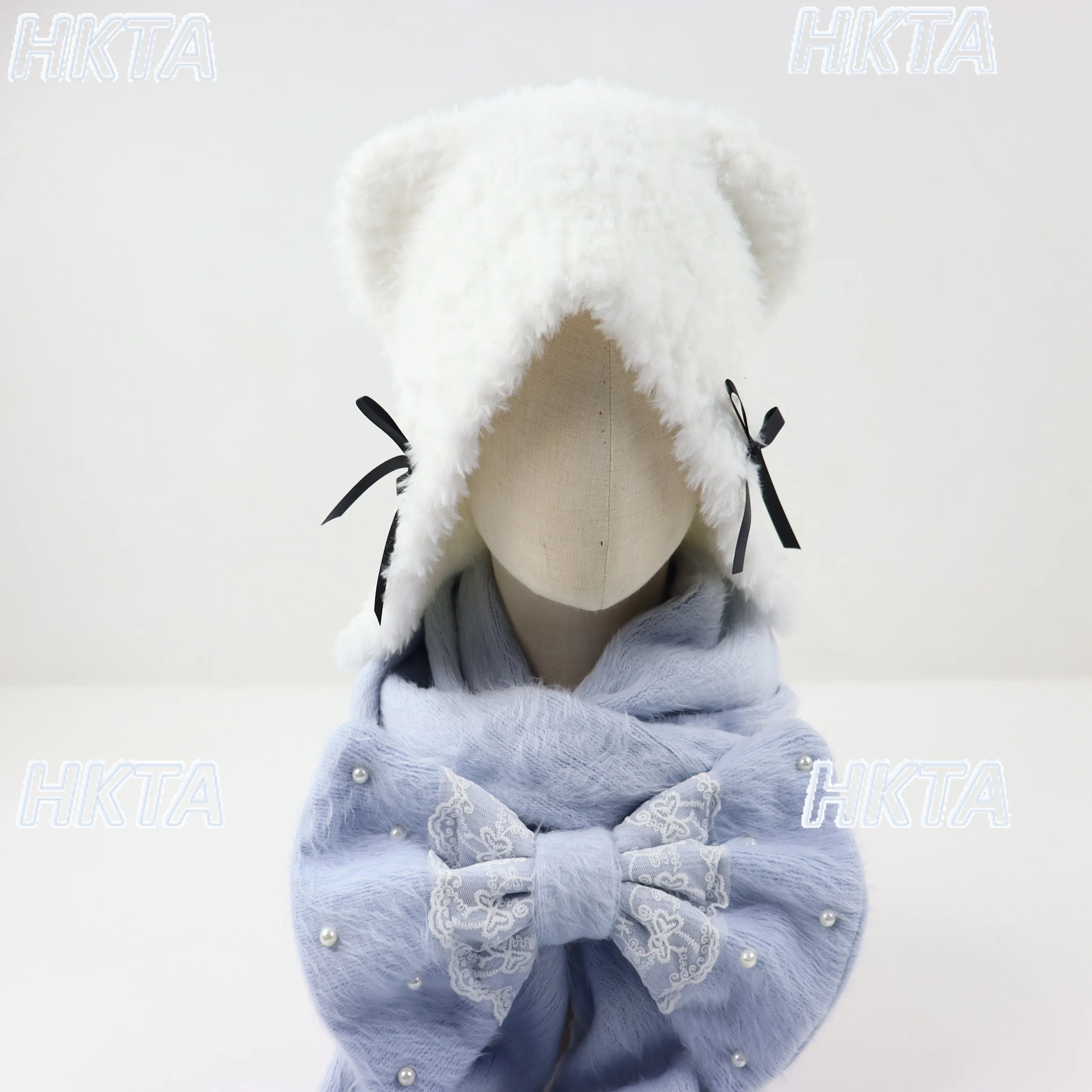 Japanese Style Hat Cat Ears Solid Color Cute Girl Lolita Bow Hats Scarves Women 2025 Winter New Warm Plush Scarf Cap Set Female